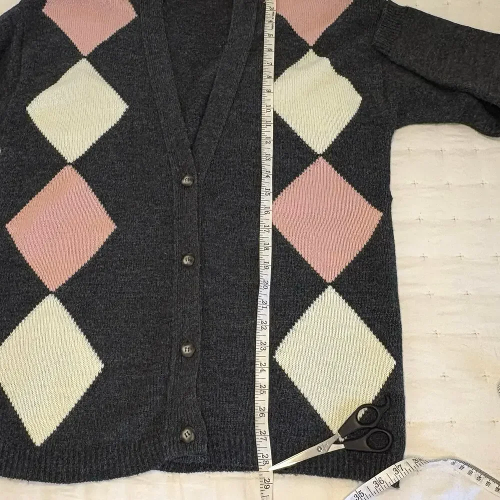 Vintage Worthington Argyle Cardigan Sweater Women's M | Gray Pink White V-Neck